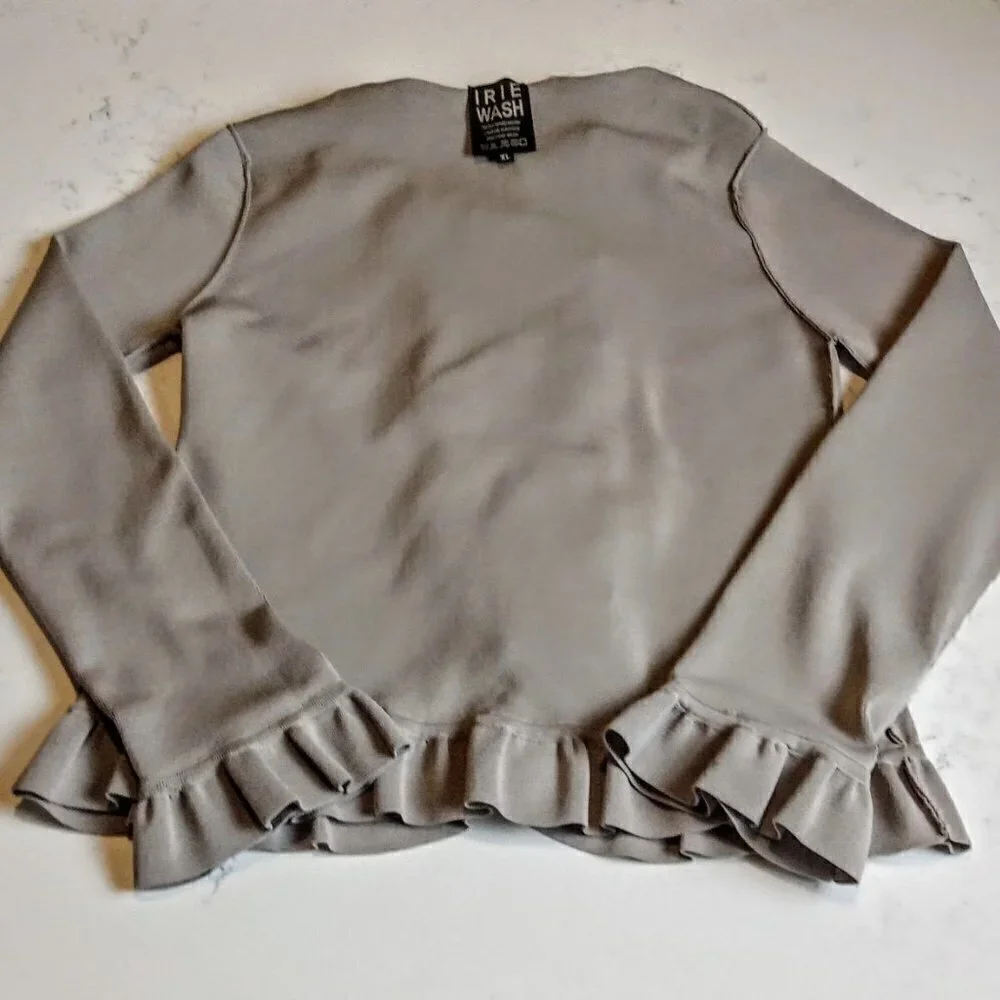 Irie Wash Taupe Ruffle Trim Cardigan Sweater